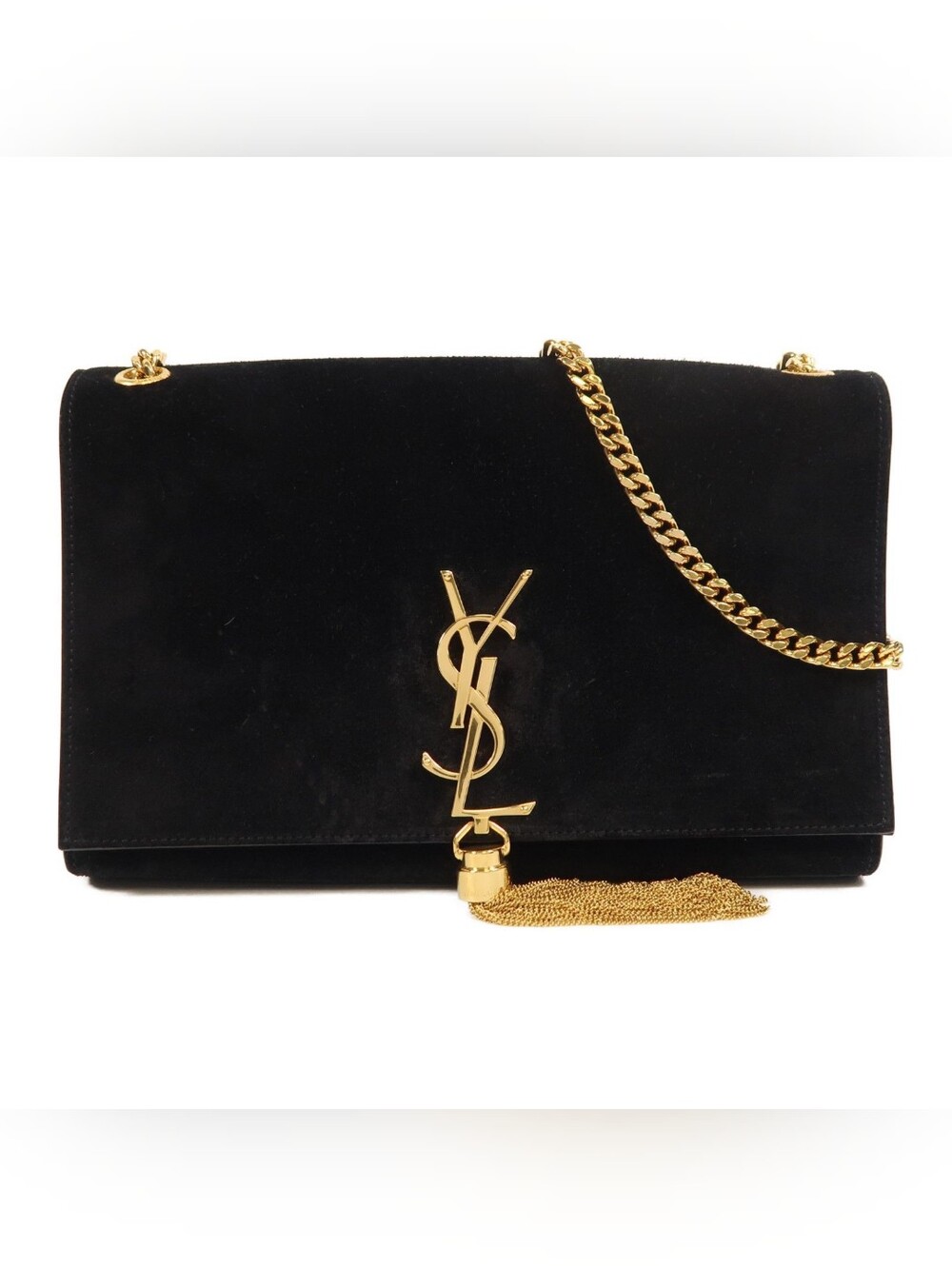 Saint Laurent Black Suede YSL Tassel Chain Shoulder Bag